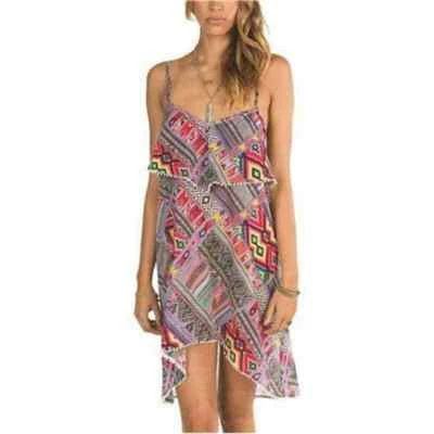 Billabong Women Aztec Tribal Print Dress Size M 100% Cotton Pom High Low Cami  - Image 1 of 4