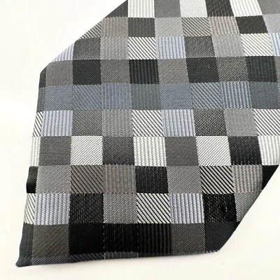 John Ashford Mens Tie Necktie Gray Checkered Geometric Squares Classic Length - Image 1 of 4