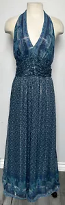 Kay Unger Blue Silk Silver Thread Bohemian Halter Maxi Dress Size 12 Gorgeous! - Picture 1 of 13