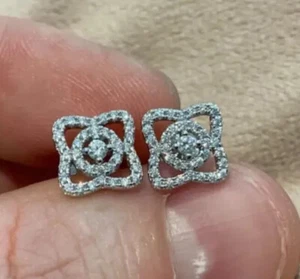 0.77 Carat Lab Created Diamond Lotus Flower Design Earrings Platinum Plated 925 - Picture 1 of 7