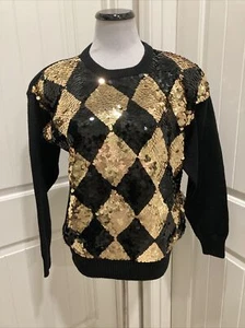 Black & Gold Diamond Shaped Sequined Sweater Christina SZ M Holiday - Picture 1 of 18