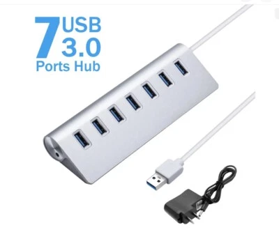 7端口铝质USB 3.0集线器高速+交流电源适配器适用于PC笔记本电脑或Mac — 第 1/4 张图片