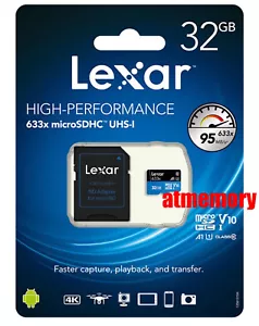 Lexar 32GB 32G 633x 95MB/s Micro SD SDHC Class10 UHS-I USB3.0 w/ Adapter GoPro - Picture 1 of 1