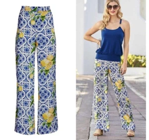 Boston Proper Women’s Sz XS Flora Tiles Lemon Parisian Flowy Satin Palazzo Pants - Picture 1 of 12