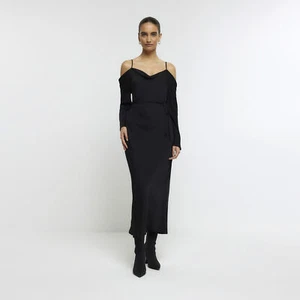 River Island Womens Slip Midi Dress Black Cold Shoulder Long Sleeve V-Neck - Picture 1 of 7