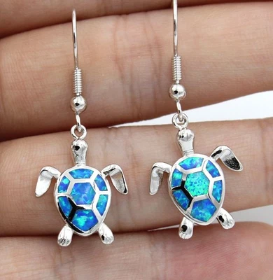 Blue Fire Opal Inlay Turtles Dangle earrings Hook 925 Sterling Silver Earrings - Image 1 of 4