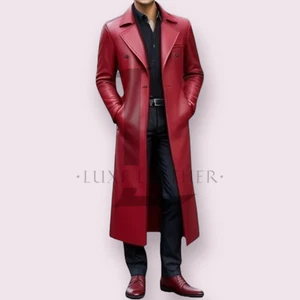 Langer Herrenmantel rot Leder 100% Echtleder Trenchcoat durchgehender Mantel - Bild 1 von 3