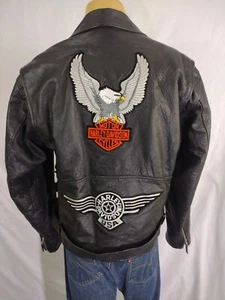 Leather Motorcycle Jacket L Harley Davidson Black Eagle Graphic Excelled NY VTG - Picture 1 of 15