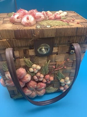 Vintage Straw Raffia Woven Pink Floral Embroidered Lined Purse - Image 1 of 4