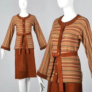 Pierre Cardin Bohemian Separates Leather Skirt Cardigan Boho Outfit 1960s VTG - Picture 1 of 12