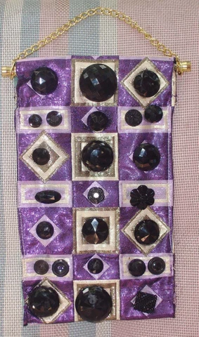 Antique Victorian Black Jet Glass Buttons Sewn on Brocade Ribbon Mini, Tapestry Cover