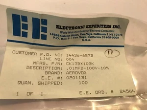 50 AEROVOX CAPACITORS FIXED CK13BX103K .01MFD-100V-10% - Picture 1 of 3