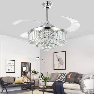 42" Silver Remote Invisible Ceiling Fans Lamps Crystal LED Chandeliers Lighting - Image 1 of 4