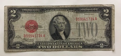1928 F $2 Legal Tender Red Seal DA block corner bend - Image 1 of 2