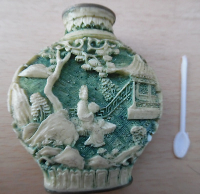Chinese Green Carved Resin Perfume Bottle - No Lid But Original Spoon • 6.14£