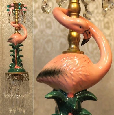 Tropical Flamingo Bird Swag Lamp Chandelier Crystal brass porcelain glass - Image 1 of 4