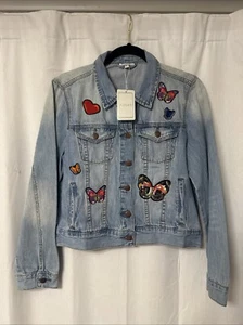 Adore Denim Jacket Butterflies Heart Patches Sz L NWT - Picture 1 of 11