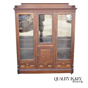 Antique Eastlake Victorian Walnut Wavy Glass Triple Bookcase Display Cabinet - Picture 1 of 13