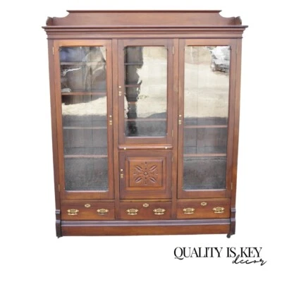 Antique Eastlake Victorian Walnut Wavy Glass Triple Bookcase Display Cabinet - Image 1 of 4