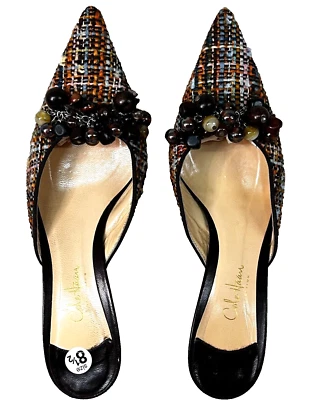 COLE HAAN Tacones Cuadros Tweed Borla Cuero Marrón Mula Slide Gatito Foto 1 de 4