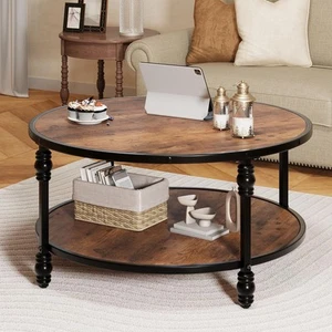 Coffee Table Round Rustic Center Table with Storage Shelf Wood Circle Coffee ... - Picture 1 of 8