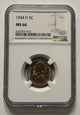 1944 D JEFFERSON SILVER NICKEL NGC MS66 WAR NICKEL GOLDEN PURPLE TONING!!! - Image 1 of 2