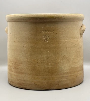 Antique J. Fisher Lyons NY Two Gallon Stoneware Kitchen Crock 8.5 Inch - Image 1 of 4