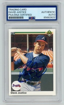 DAVE JUSTICE Atl. Braves Signed 1990 UD Upper Deck ROOKIE Card #711 PSA AUTO 822 - Image 1 of 2