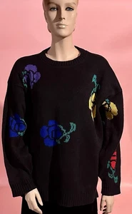 Vintage 1980’s Acrylic Sweater Floral Black, Red Blue, Yellow, Purple Roses L/XL - Picture 1 of 8