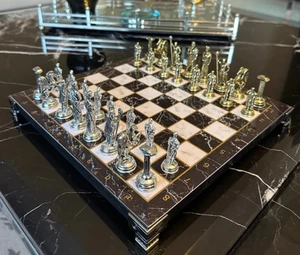 Mythology Chess Set Gold Silver Metal Pieces + Marble Board โ Gift for Him๐ - Picture 1 of 8