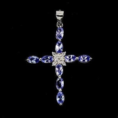 Colgante de plata de ley 925 ovalado tanzanita 5x3 mm cruz piedras preciosas naturales joyería Foto 1 de 4