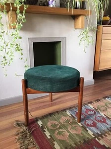 Rare Vintage 1960s Danish Teak Tripod Stool-Hugo Frandsen-Spottrup-Green Suede  - Picture 1 of 12