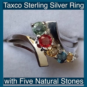 Taxco Sterling Silver Little Finger Ring with Five Real Natural Colored Stones - Imagen 1 de 4