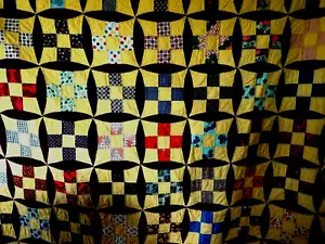 Quilt Handarbeit handgenäht Pinwheel Design Vintage 87" x 72" gelb Bauernhaus - Bild 1 von 8