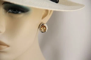 Sterling Silver Oval Champagne CZ Earrings. Gorgeous Oval Diamond Checkerboard  - Picture 1 of 12