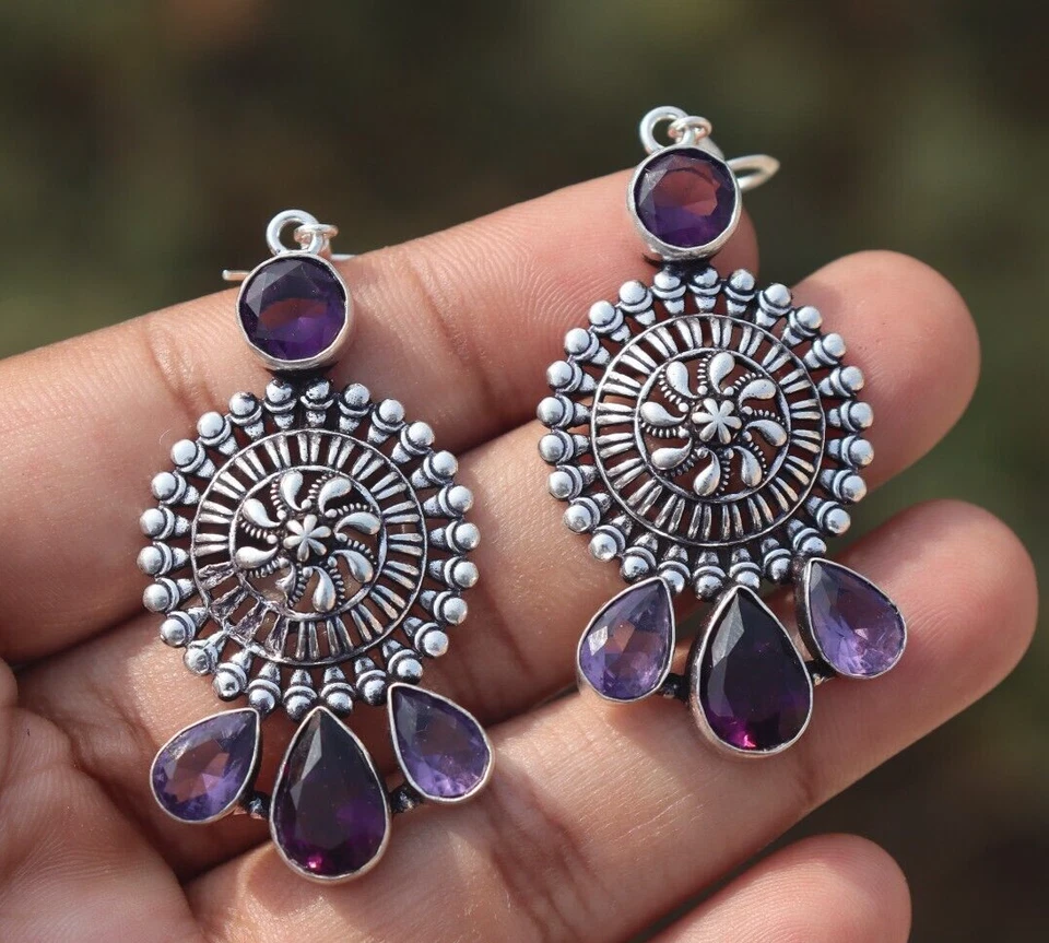 Purple Amethyst stone Handmade 925 Sterling Silver Jewelry Earring for women - Image 1 of 1