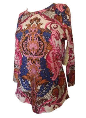 Blusa boho ONE WORLD para mujer pequeña rosa estrás azul marino floral mangas 3/4 Foto 1 de 4