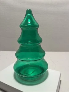Green Glass Christmas Tree Candy Holder 7” Winter Holiday Display - Picture 1 of 4