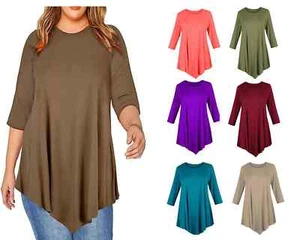 LADIES V-CUT TUNIC TOP PLUS SIZE LOOSE LADIES DRESS SWING BAGGY 3/4 SLEEVE TOP - Picture 1 of 13