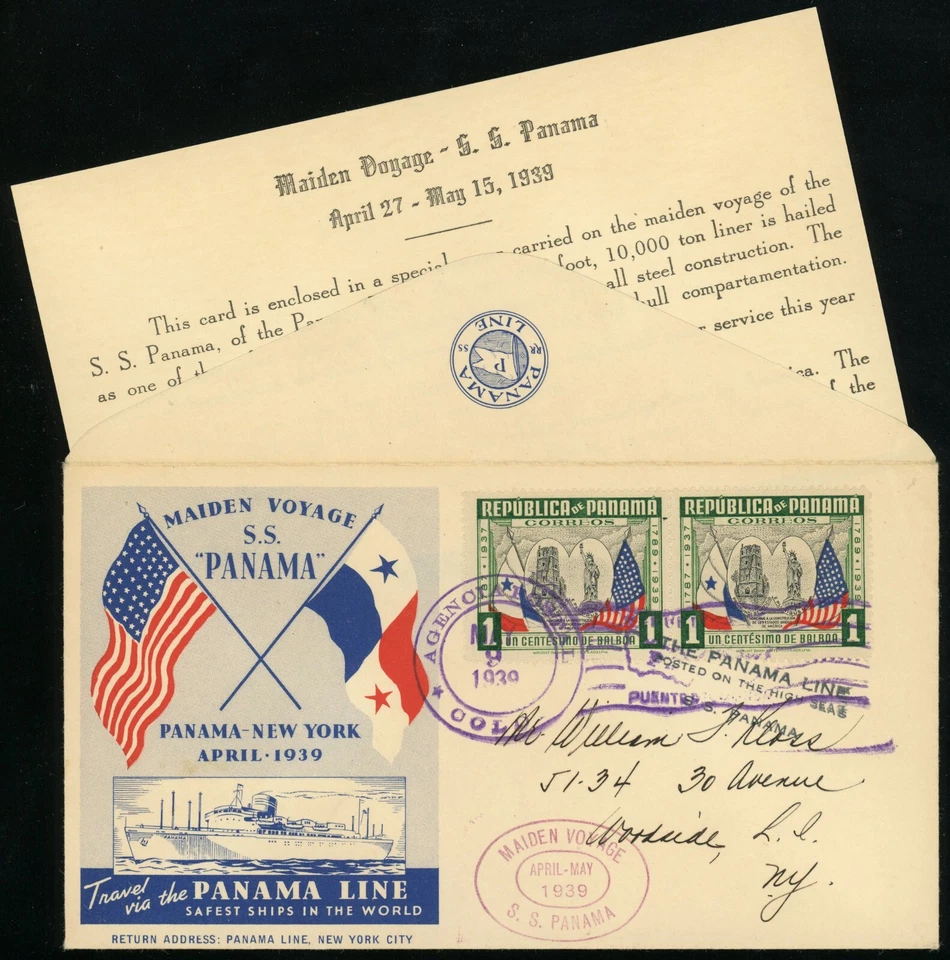 SS Panama Maiden Voyage to New York 1939 Travel Line cubierta de barco a bordo matasellos Foto 1 de 1