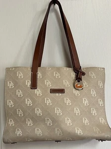 Dooney and Bourke Handbag Canvas Brown Taupe w/Leather Trim Red Lining Charm - Picture 1 of 19