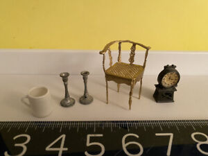  Antique Doll House Miniature Lot: gilded metal chair, Clock,Bisque Porcelain+