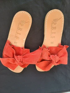 IRIS Greek Handmade Sandals Womens 38EU Slip On Shoes Red Suede Leather Bow - Picture 1 of 6