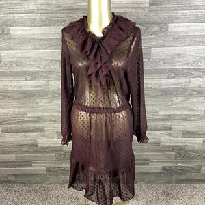 H&M Balloon Sleeve Elastic Waist Brown Flounced Plumeti Dress Women's Size 8 - Picture 1 of 12