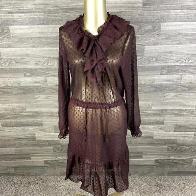 H&M Balloon Sleeve Elastic Waist Brown Flounced Plumeti Dress Women's Size 8 - Image 1 of 4
