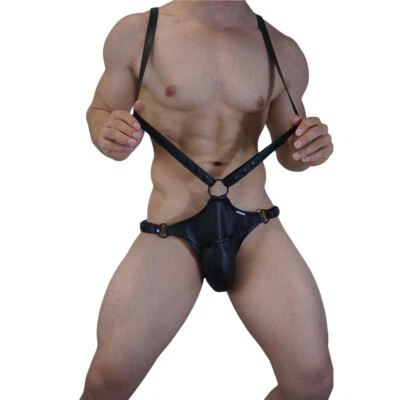 Para hombres Tangas de Cuero Jockstrap Body Ajustable Correa para el Hombro Mono Calzoncillo Foto 1 de 4