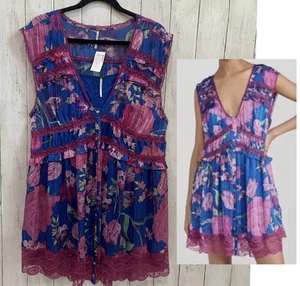 NWT Free People Ultra Violet Combo Spring Fling Boho Lace Mini Dress Size Small - Picture 1 of 16