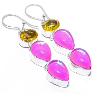 Triplet Fire Opal, Citrine Gemstone 925 Sterling Silver Jewelry Earring 2.4" - Picture 1 of 5