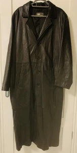 Full Length Men's Leather Trench Coat Size XL Black Vintage In Excellent Cond - Picture 1 of 14