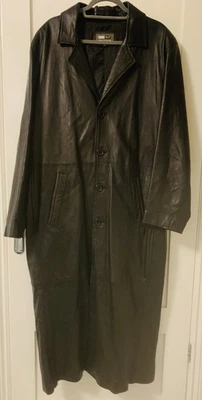 Full Length Men's Leather Trench Coat Size XL Black Vintage In Excellent Cond - Image 1 of 4